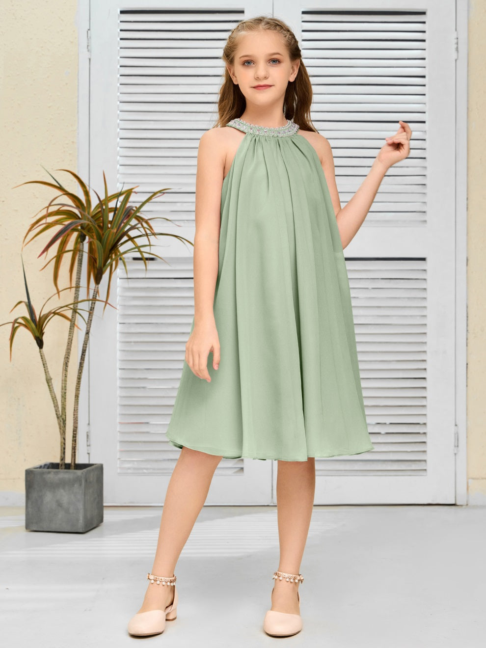 Modisches Hängekragen Chiffon Junior Brautjungfernkleid