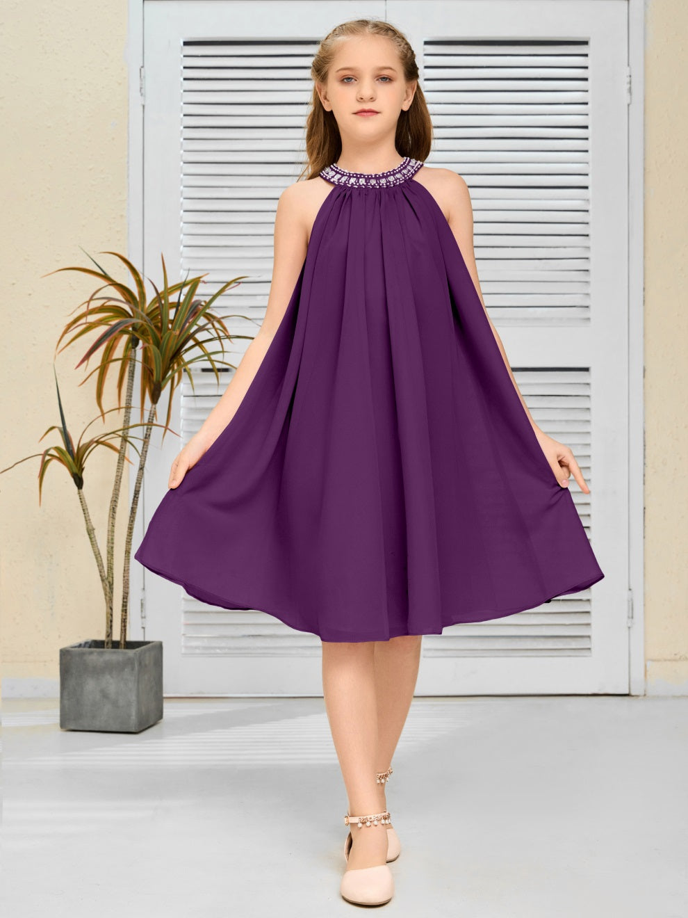 Modisches Hängekragen Chiffon Junior Brautjungfernkleid