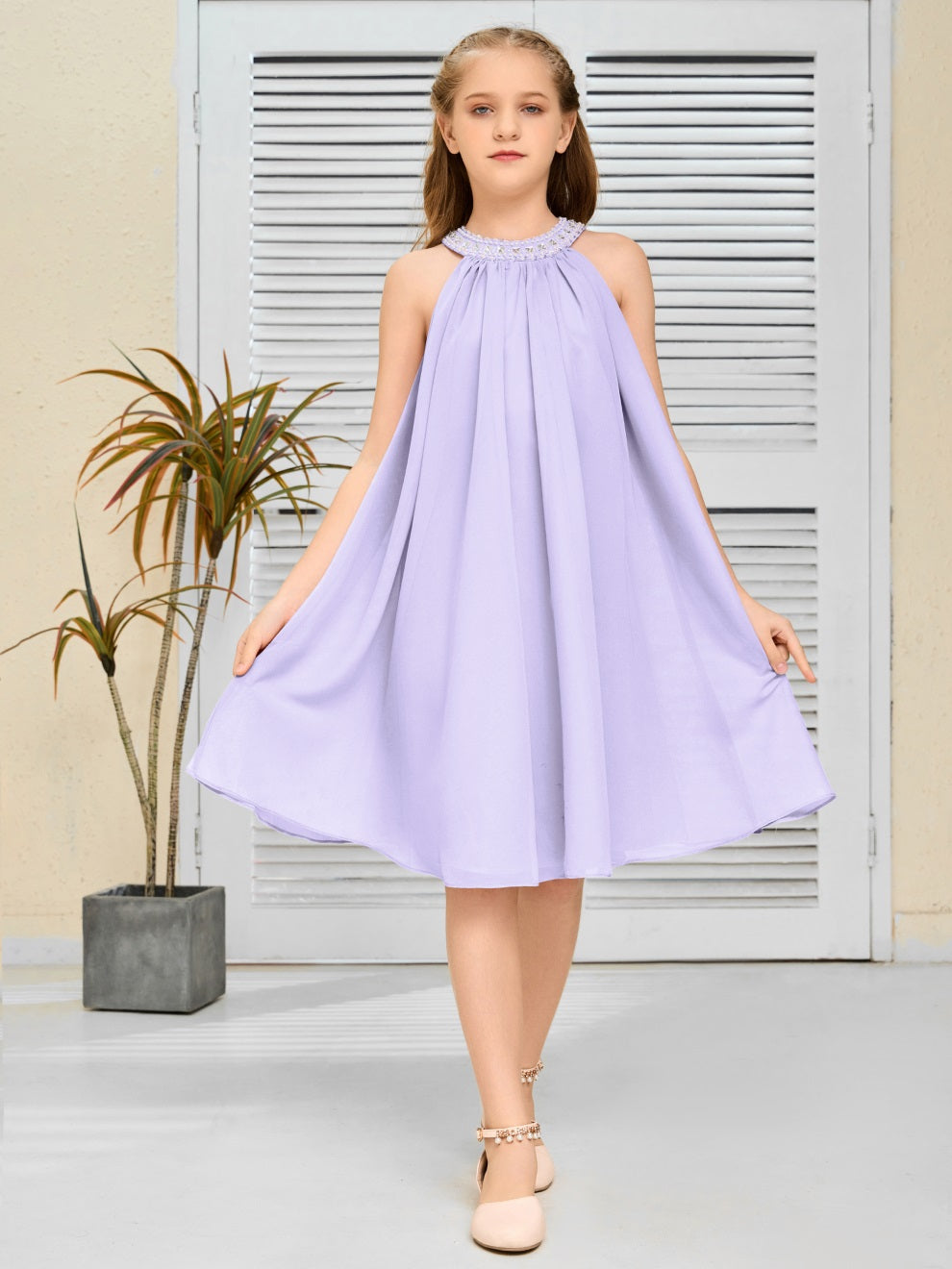 Modisches Hängekragen Chiffon Junior Brautjungfernkleid