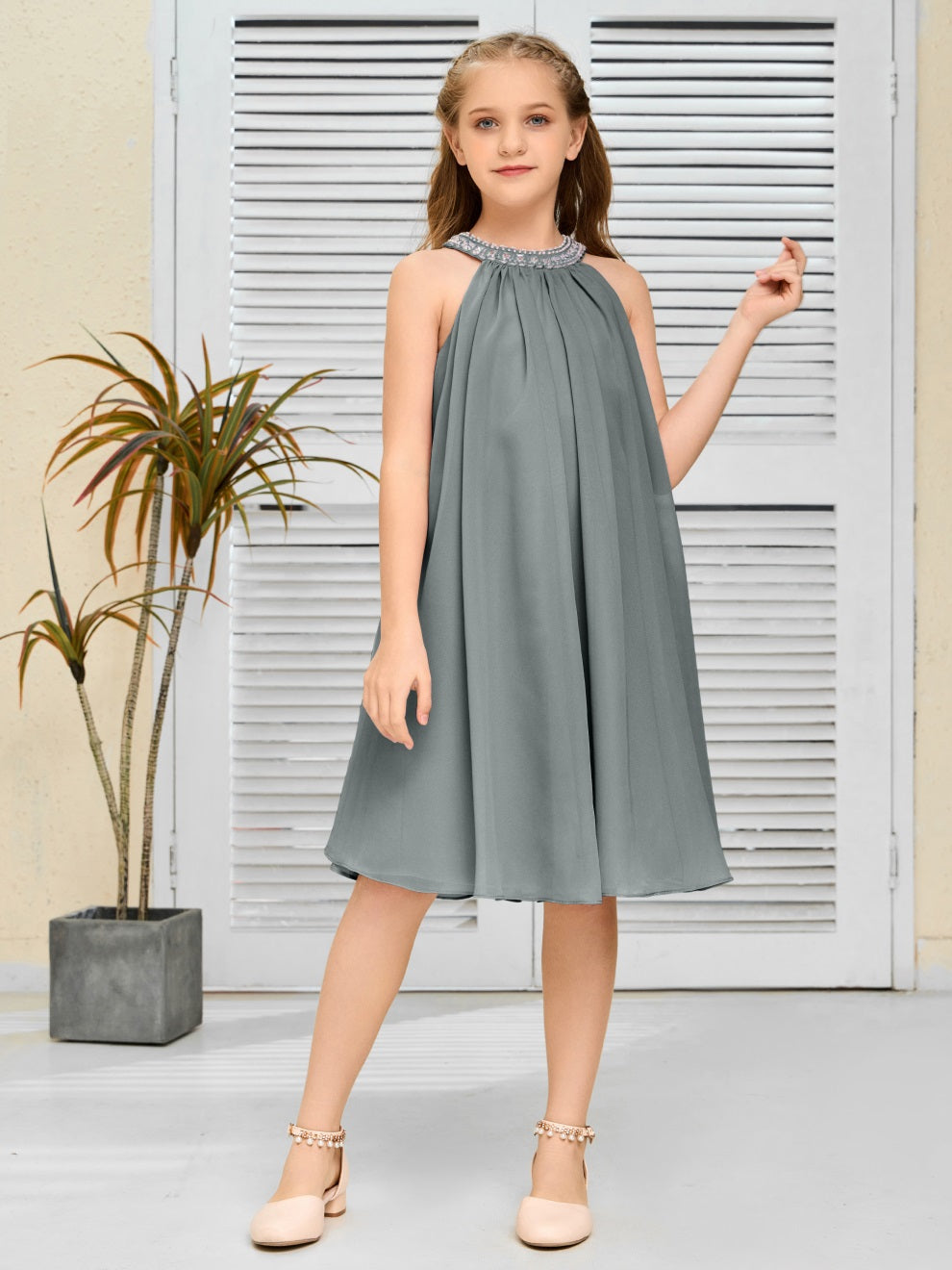 Modisches Hängekragen Chiffon Junior Brautjungfernkleid