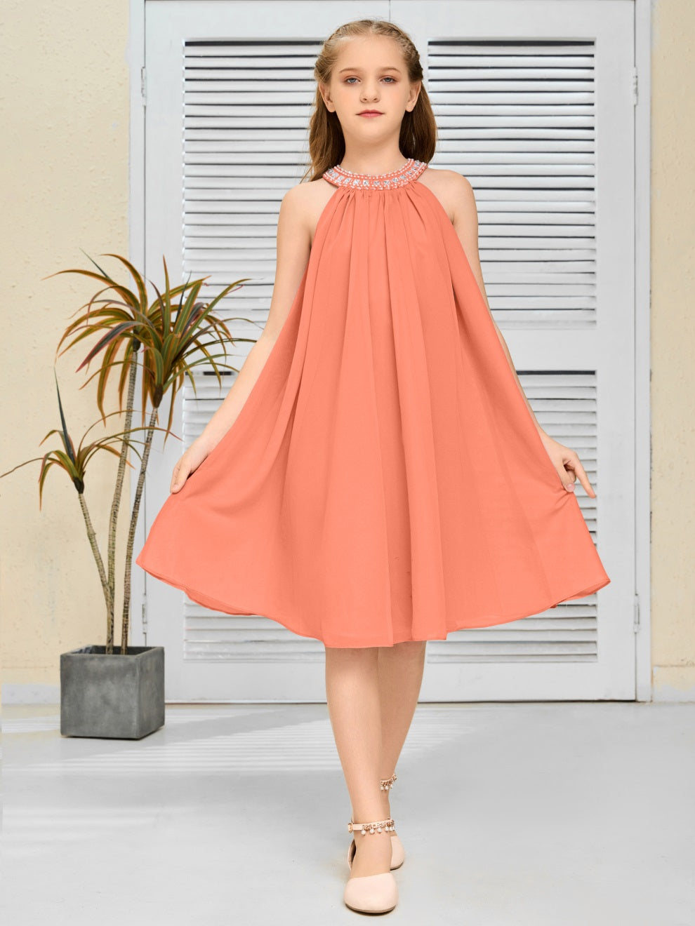 Modisches Hängekragen Chiffon Junior Brautjungfernkleid