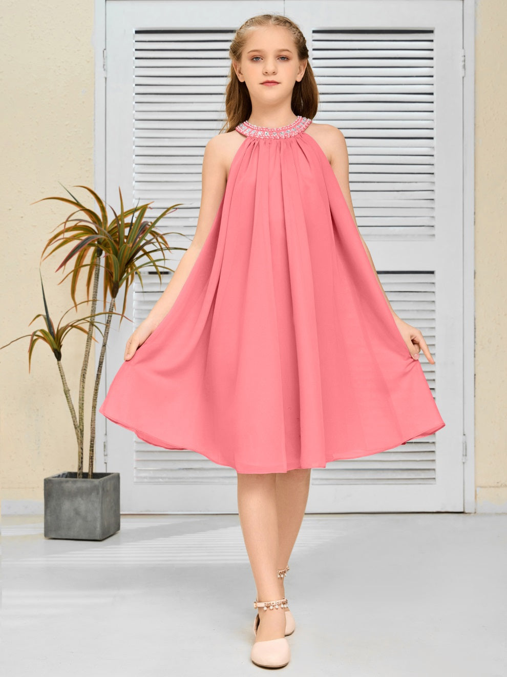 Modisches Hängekragen Chiffon Junior Brautjungfernkleid