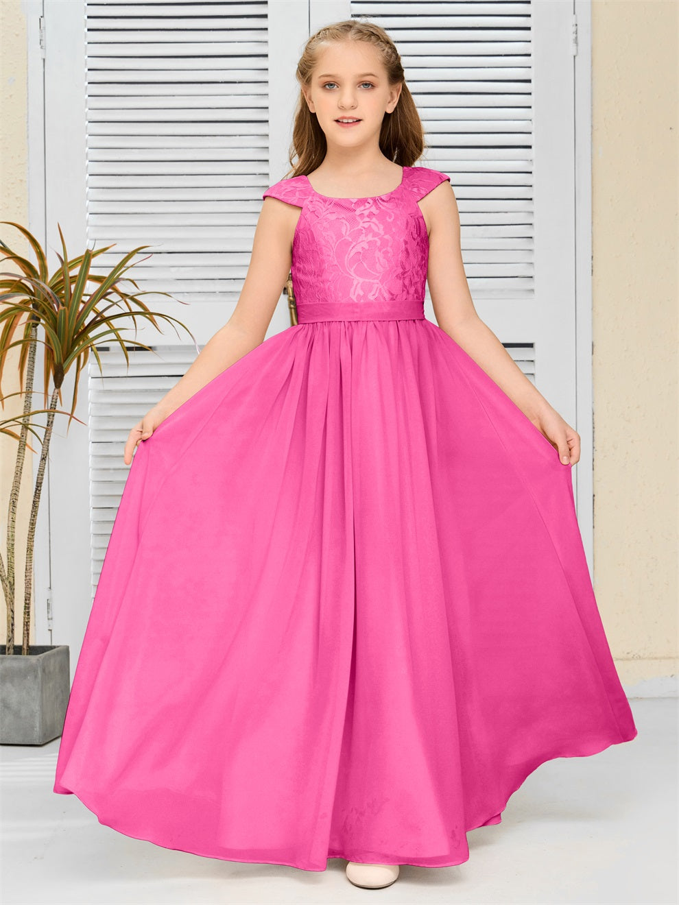 A Line Chiffon Spitze Junior Brautjungfer Kleid