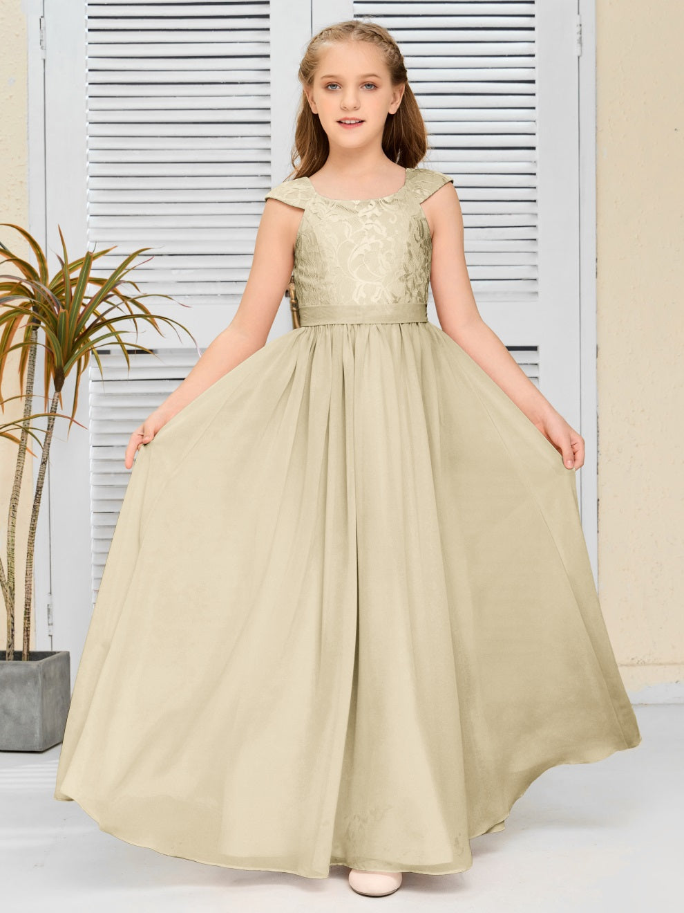 A Line Chiffon Spitze Junior Brautjungfer Kleid