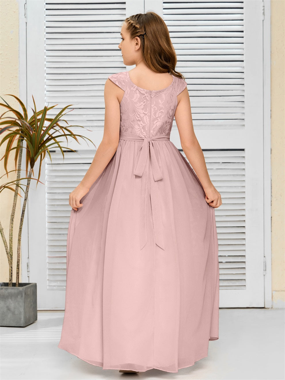 A Line Chiffon Spitze Junior Brautjungfer Kleid