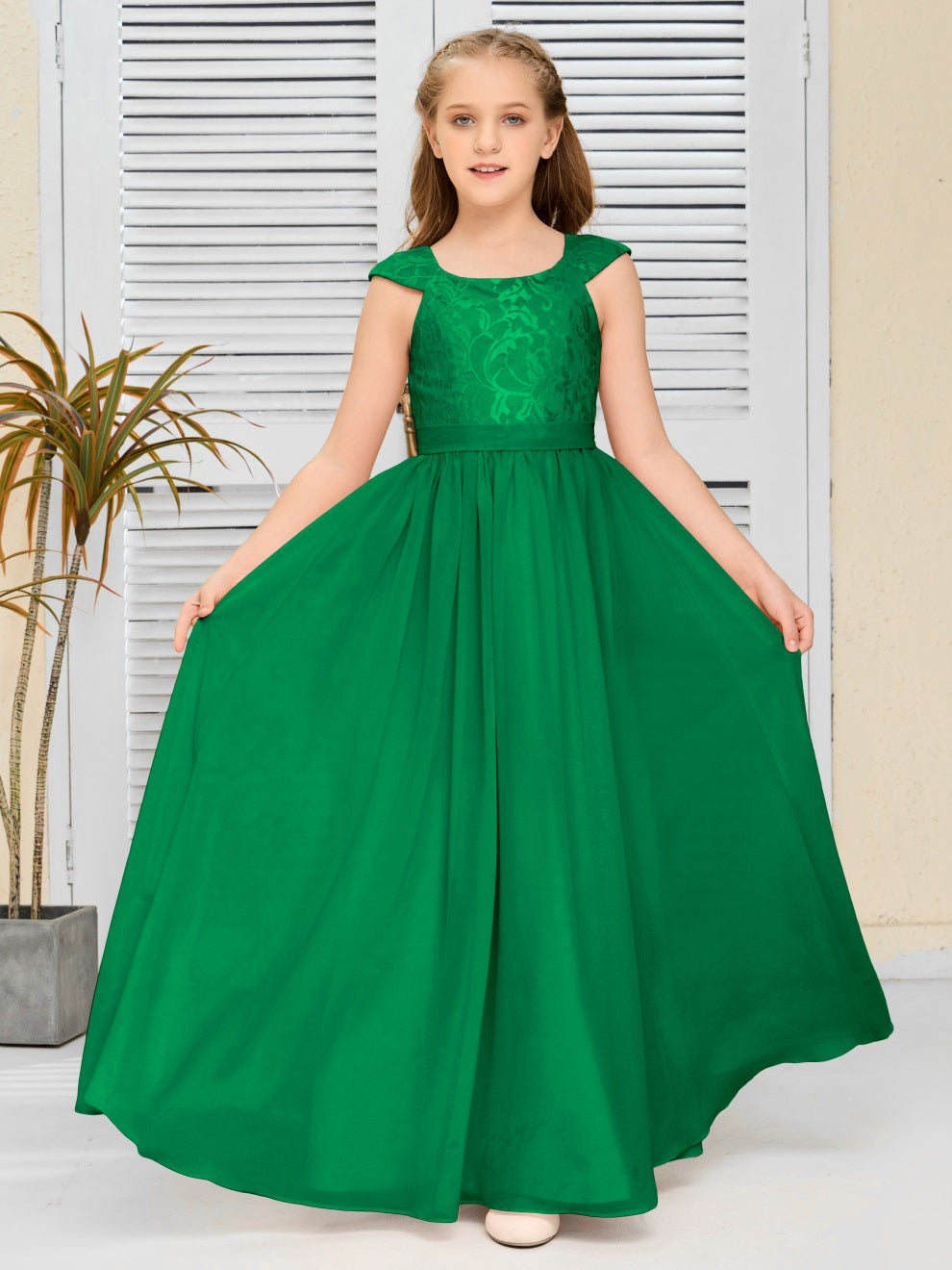 A Line Chiffon Spitze Junior Brautjungfer Kleid