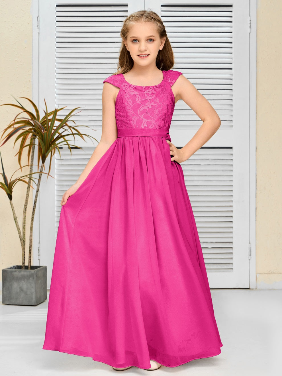 A Line Chiffon Spitze Junior Brautjungfer Kleid