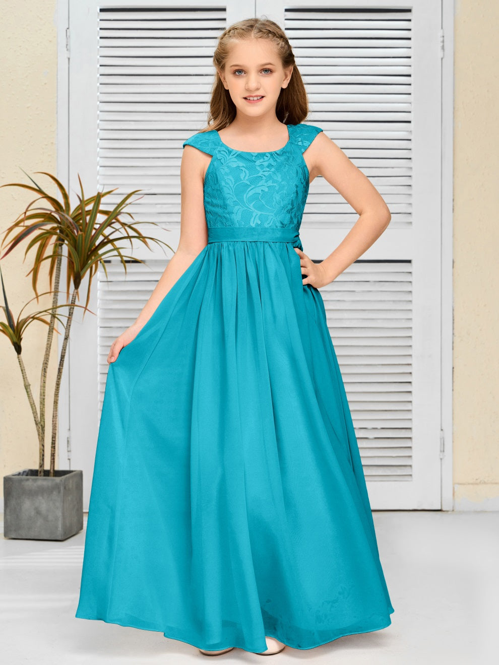 A Line Chiffon Spitze Junior Brautjungfer Kleid