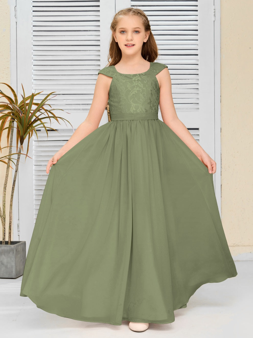 A Line Chiffon Spitze Junior Brautjungfer Kleid