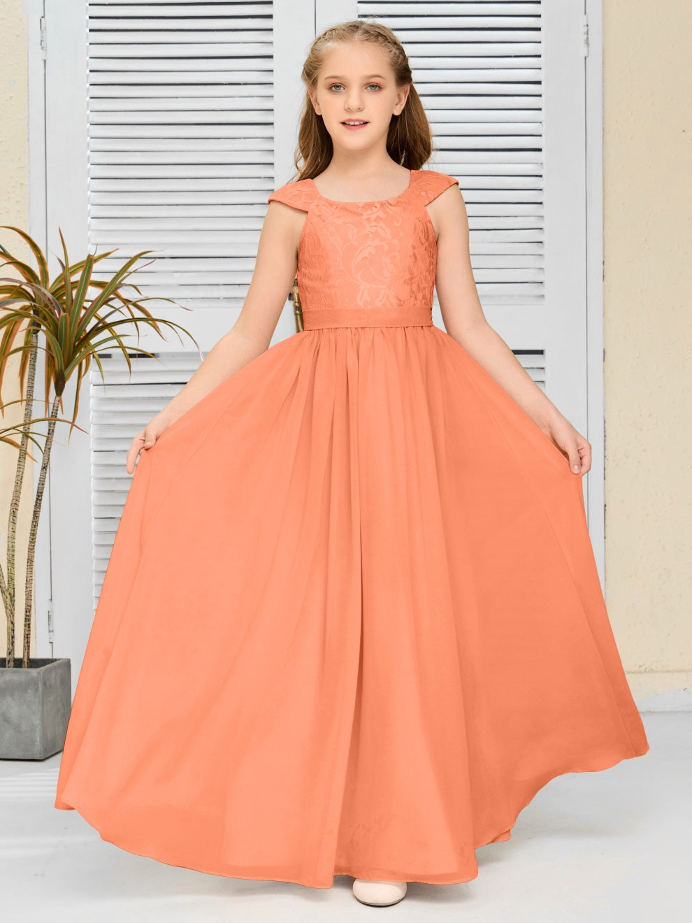 A Line Chiffon Spitze Junior Brautjungfer Kleid