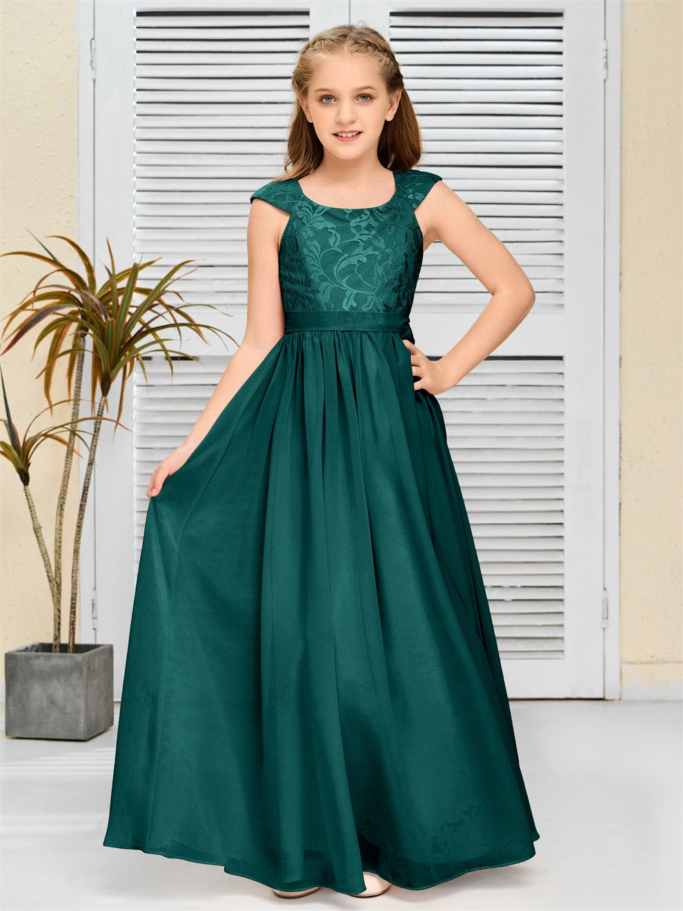 A Line Chiffon Spitze Junior Brautjungfer Kleid