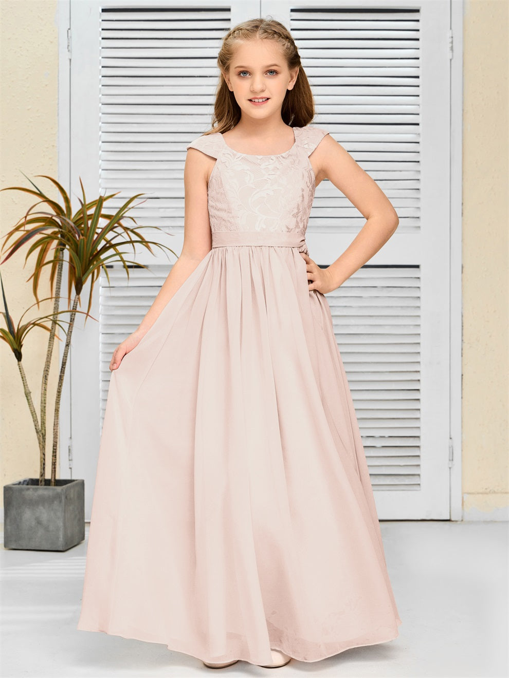 A Line Chiffon Spitze Junior Brautjungfer Kleid