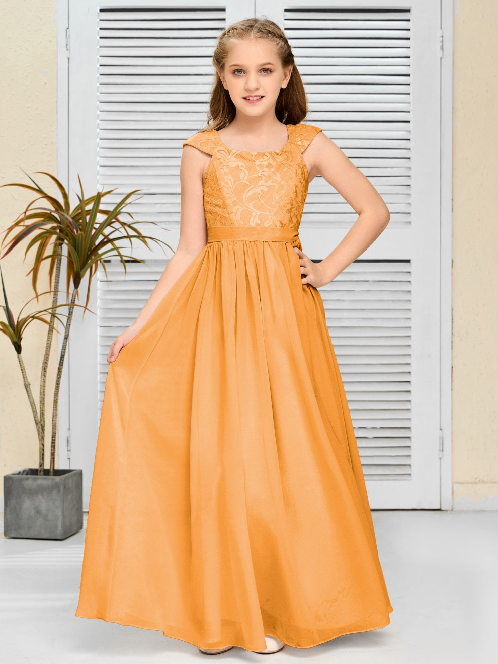 A Line Chiffon Spitze Junior Brautjungfer Kleid