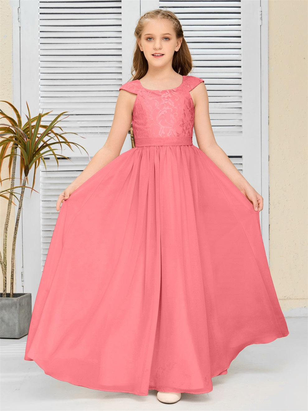 A Line Chiffon Spitze Junior Brautjungfer Kleid