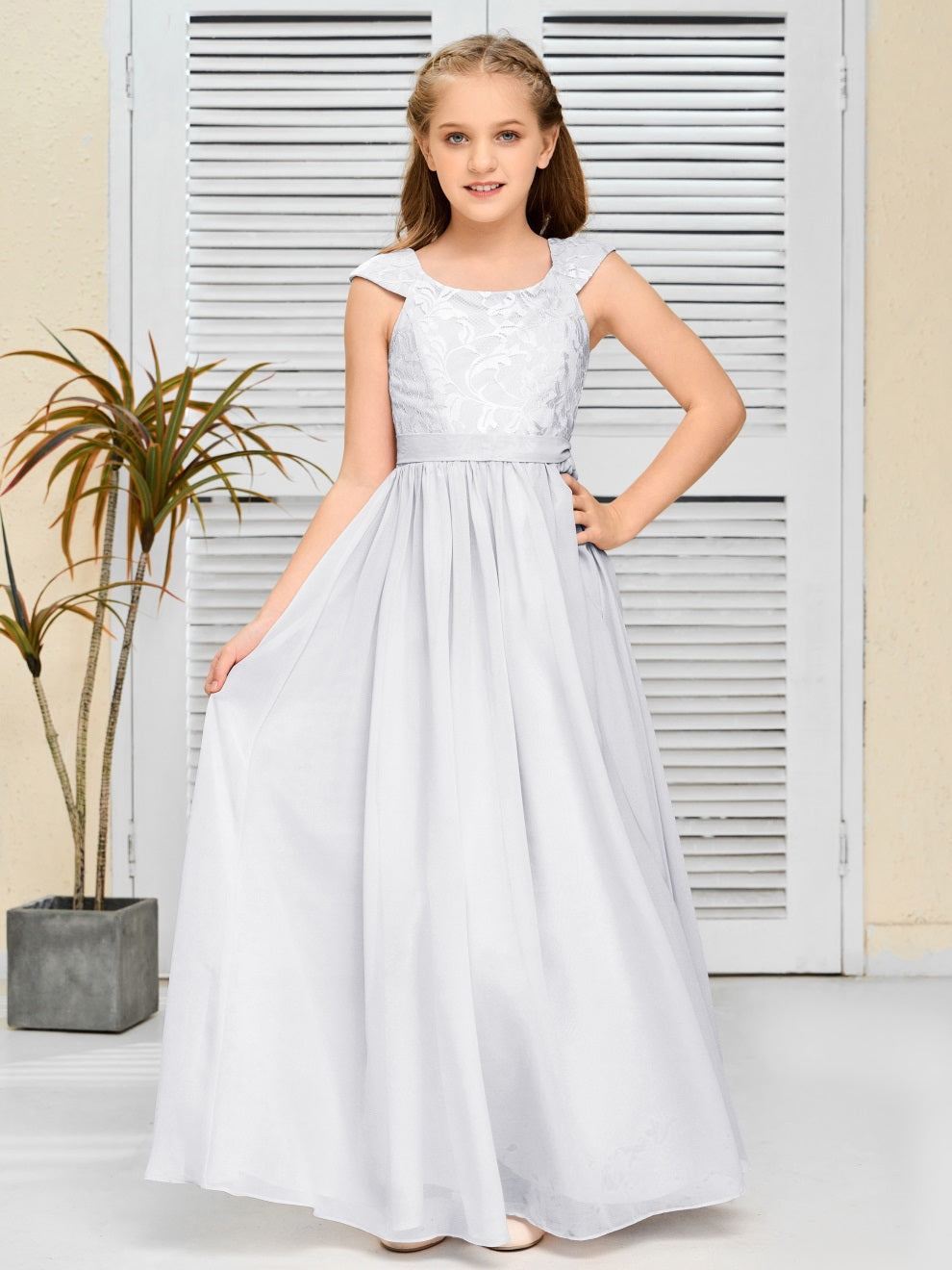 A Line Chiffon Spitze Junior Brautjungfer Kleid