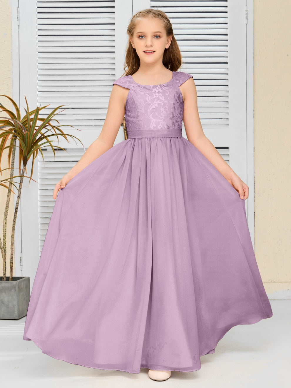 A Line Chiffon Spitze Junior Brautjungfer Kleid