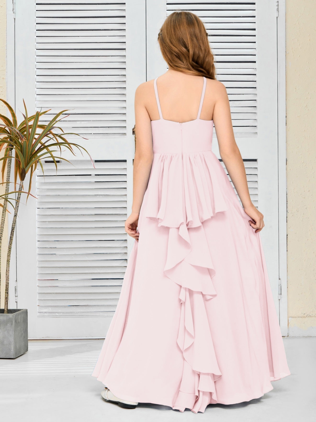 Elegantes Chiffon Junior-Brautjungfernkleid mit hängendem Ausschnitt