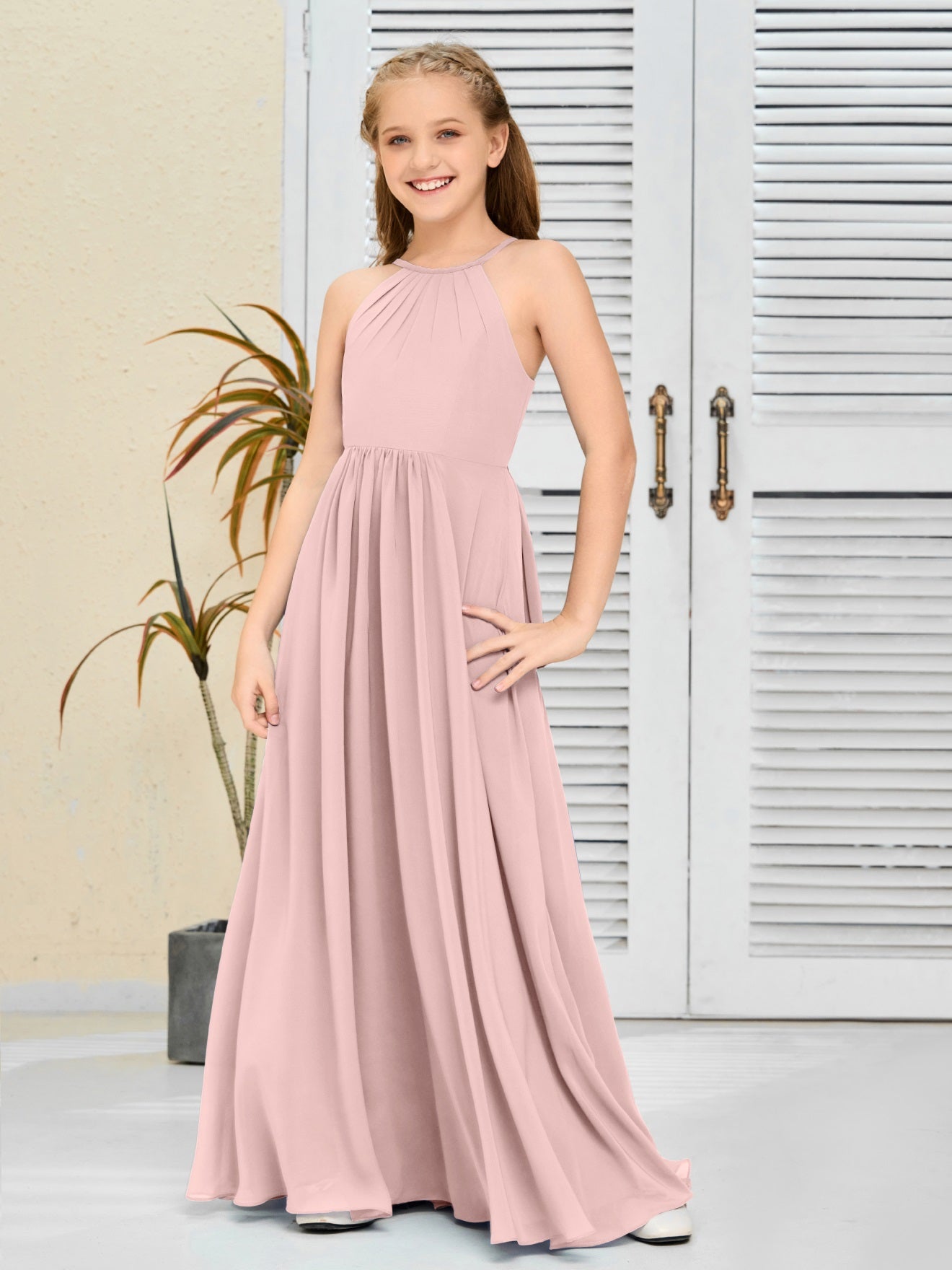 Elegantes Chiffon Junior-Brautjungfernkleid mit hängendem Ausschnitt