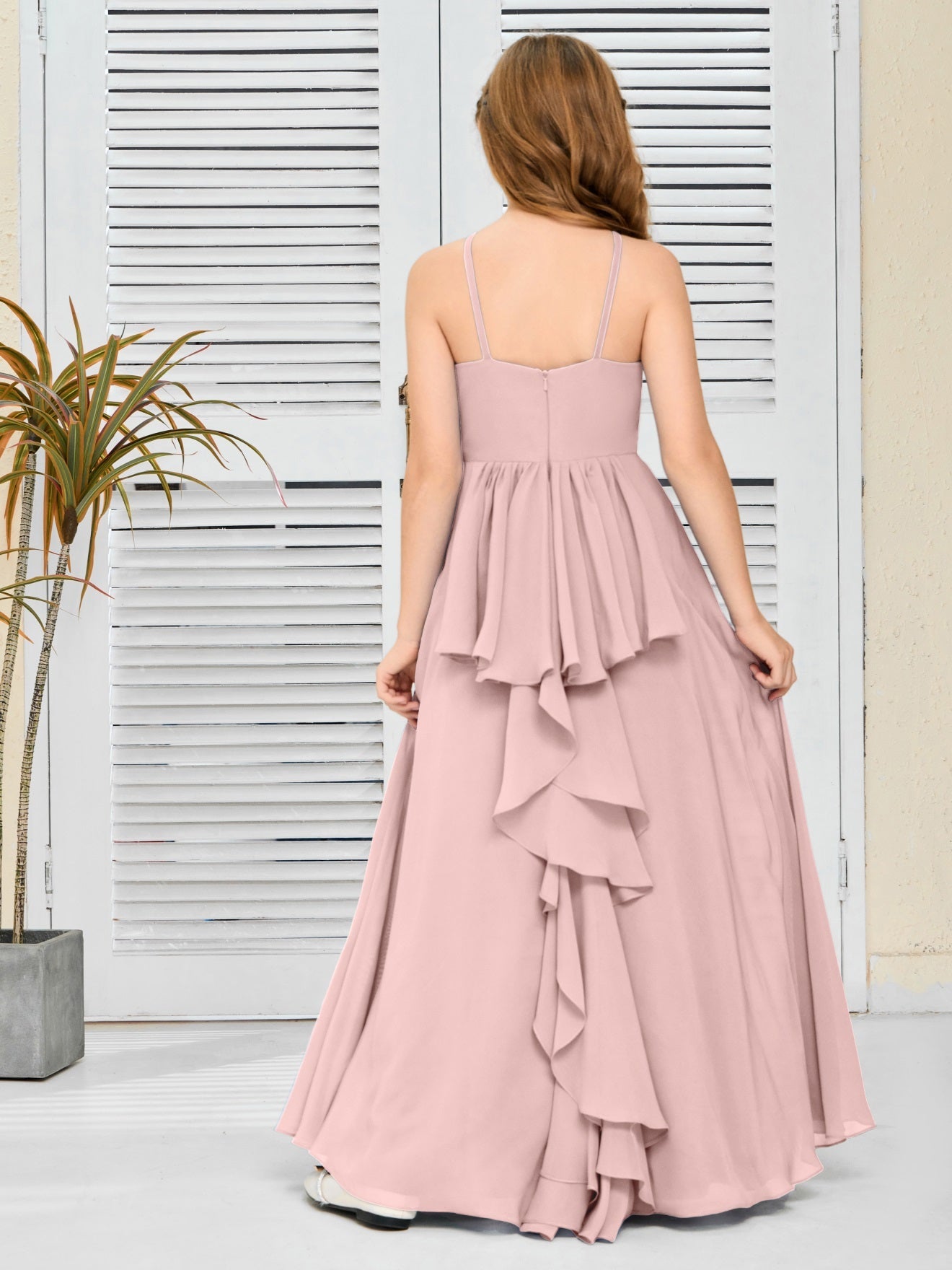 Elegantes Chiffon Junior-Brautjungfernkleid mit hängendem Ausschnitt