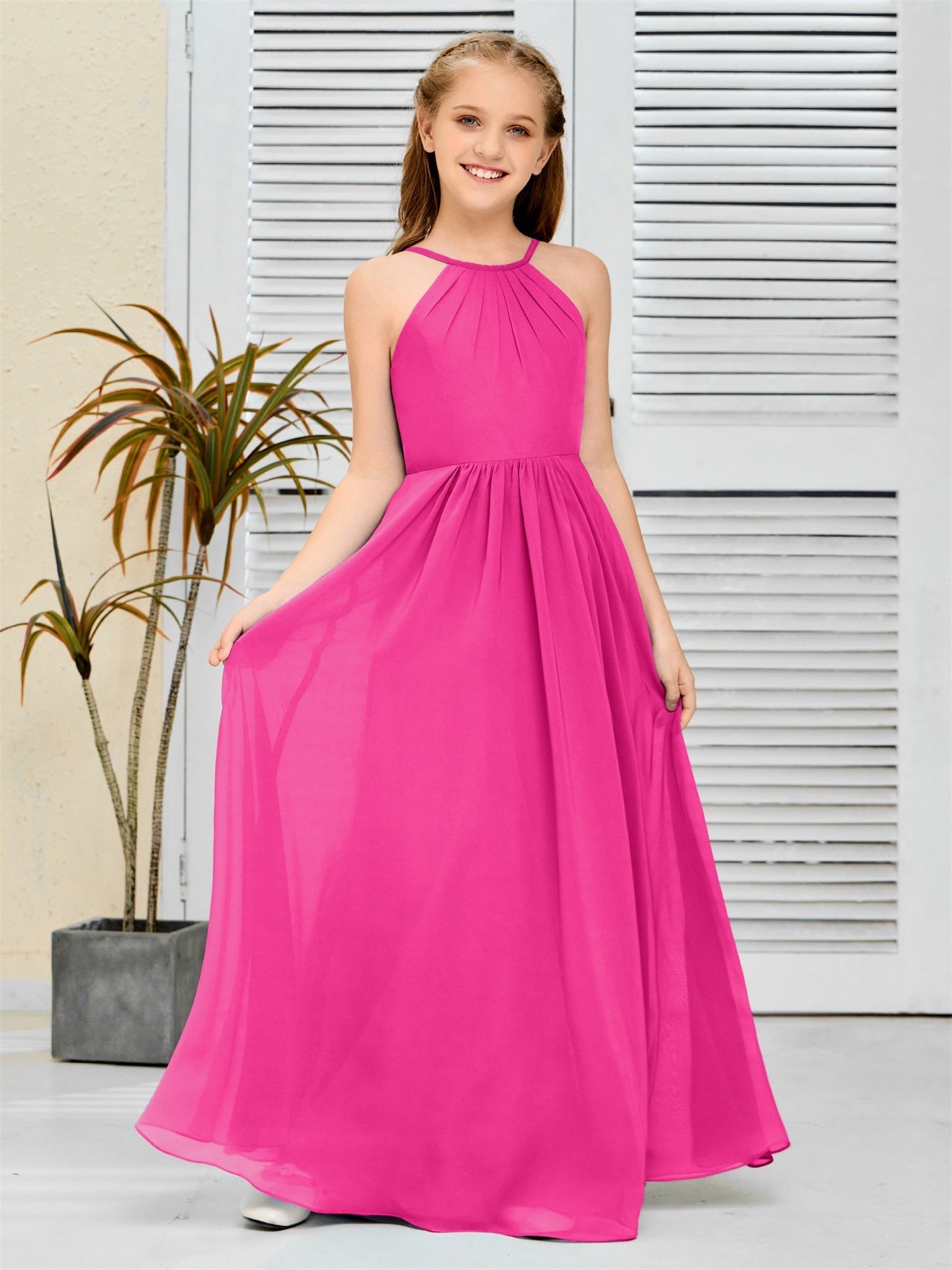 Elegantes Chiffon Junior-Brautjungfernkleid mit hängendem Ausschnitt