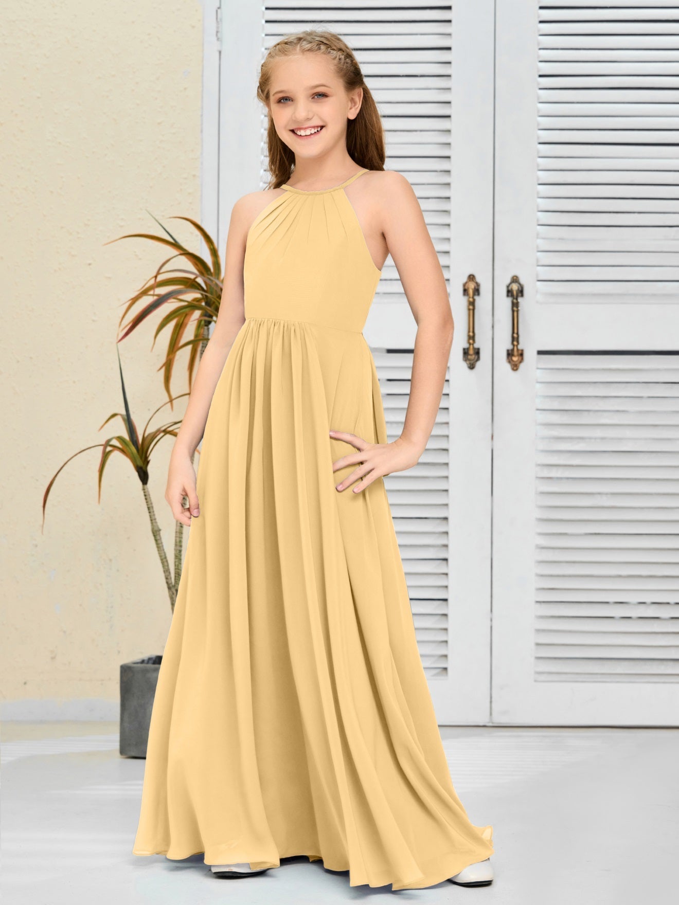 Elegantes Chiffon Junior-Brautjungfernkleid mit hängendem Ausschnitt