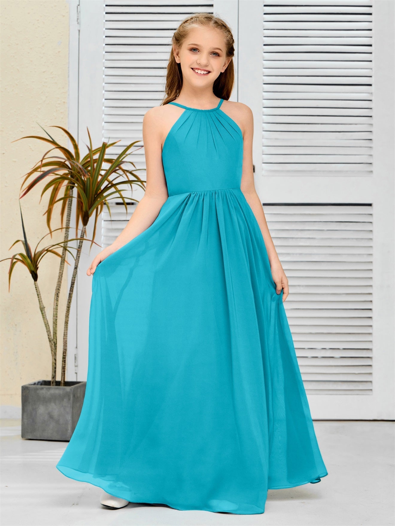 Elegantes Chiffon Junior-Brautjungfernkleid mit hängendem Ausschnitt