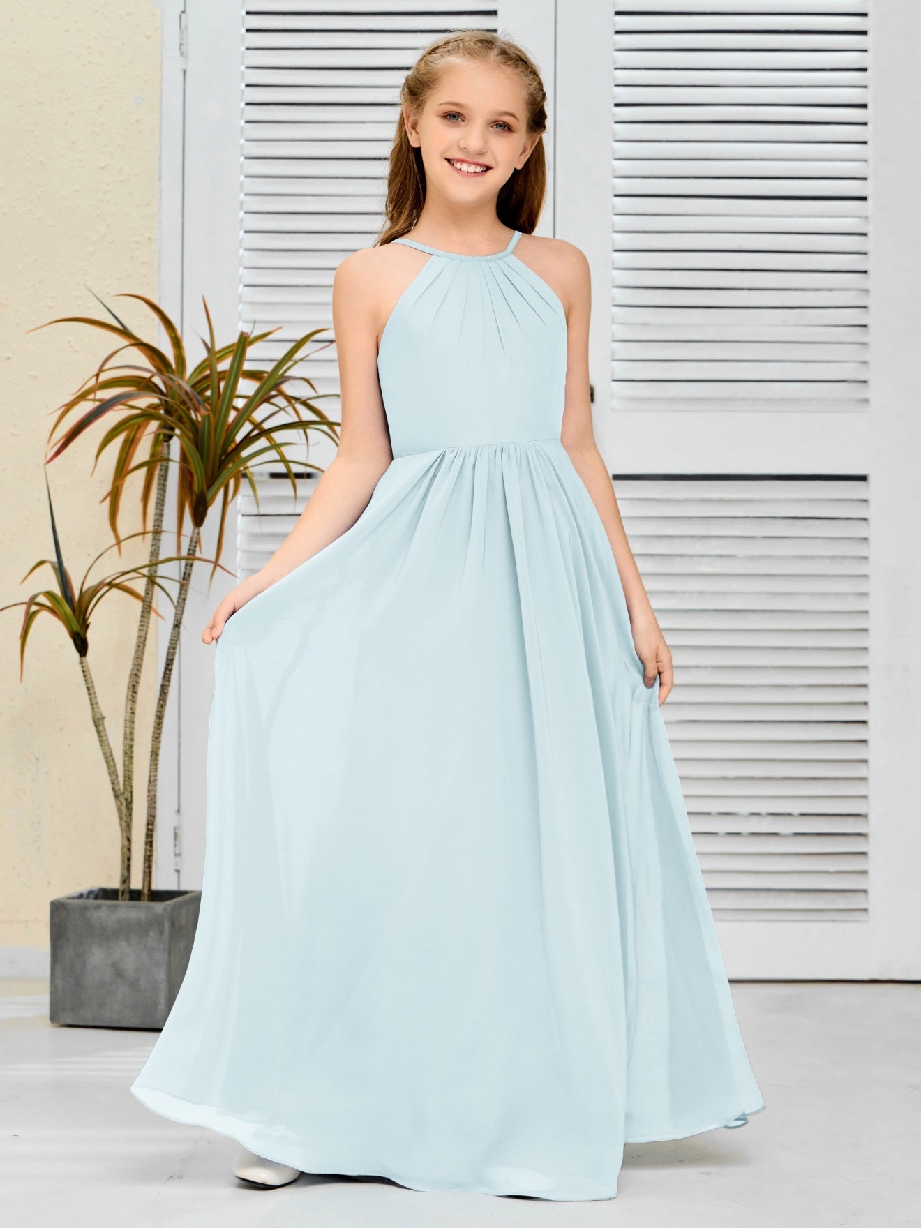 Elegantes Chiffon Junior-Brautjungfernkleid mit hängendem Ausschnitt