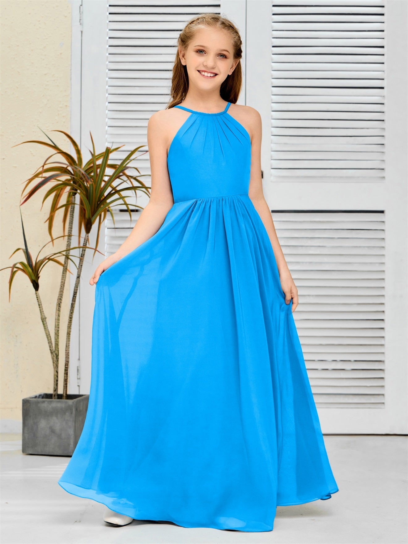 Elegantes Chiffon Junior-Brautjungfernkleid mit hängendem Ausschnitt