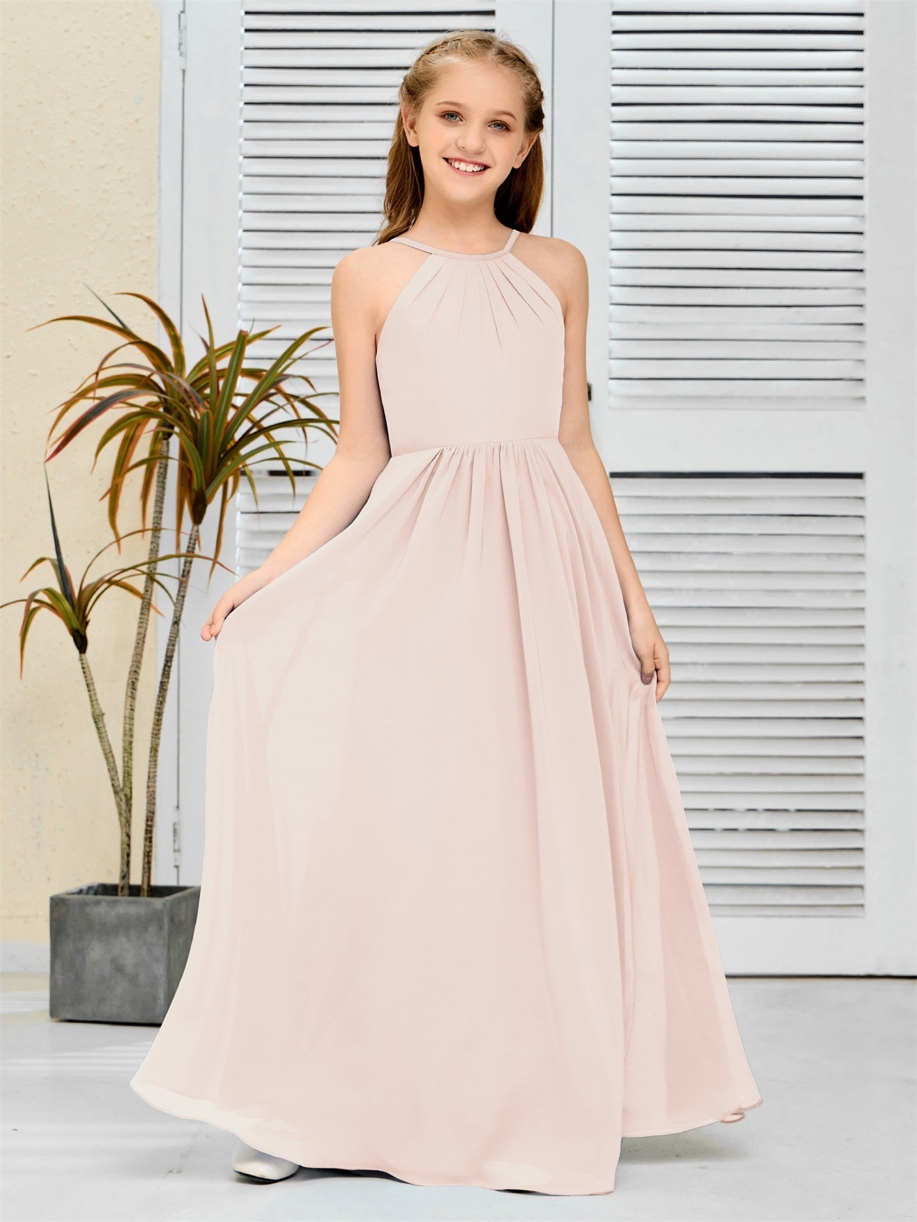 Elegantes Chiffon Junior-Brautjungfernkleid mit hängendem Ausschnitt