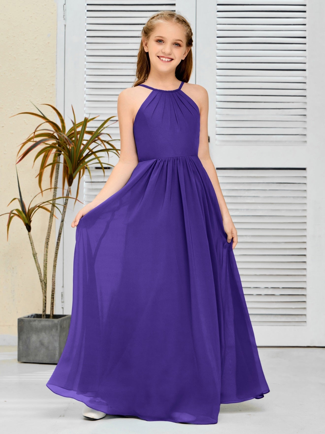 Elegantes Chiffon Junior-Brautjungfernkleid mit hängendem Ausschnitt