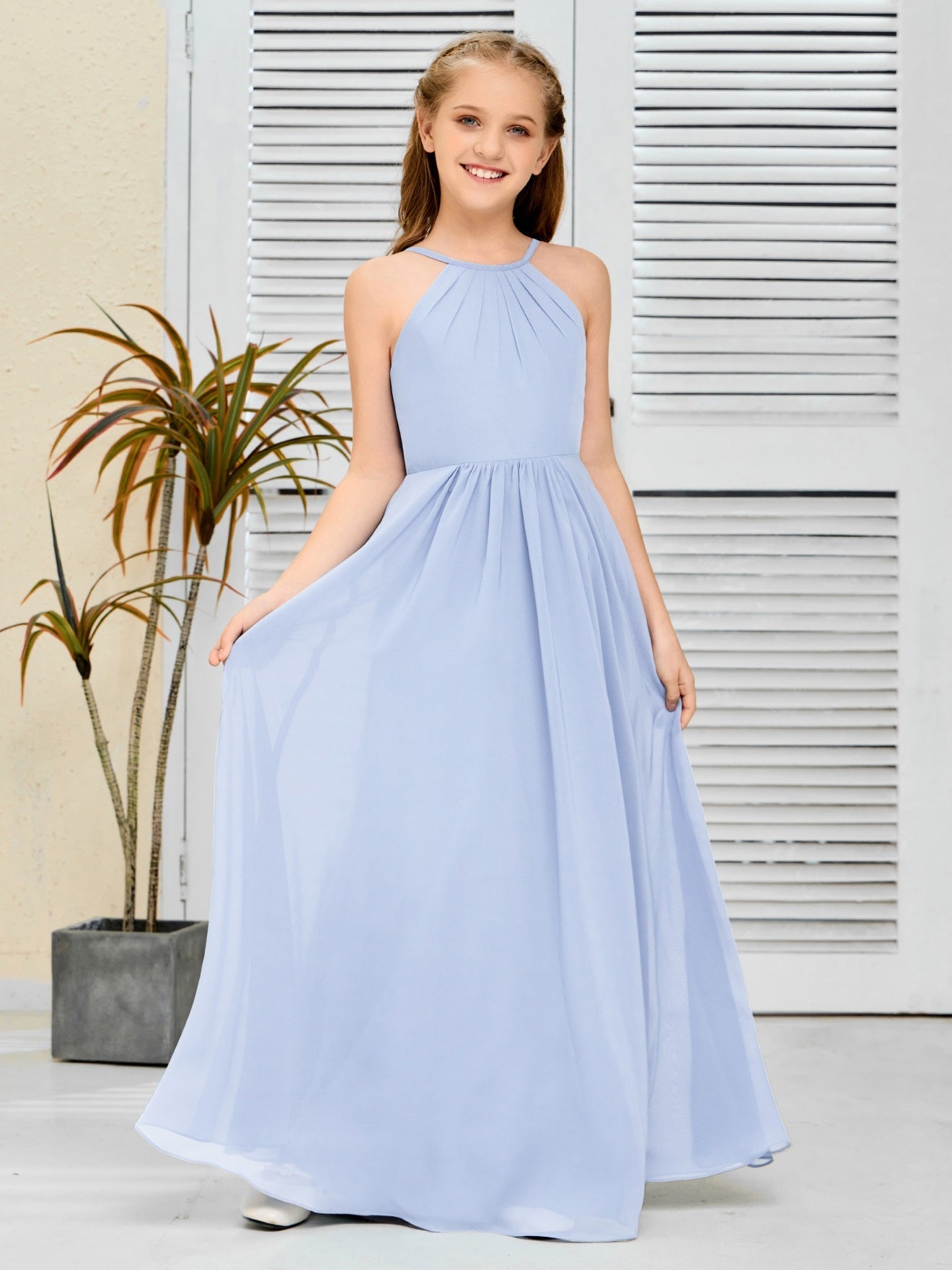 Elegantes Chiffon Junior-Brautjungfernkleid mit hängendem Ausschnitt