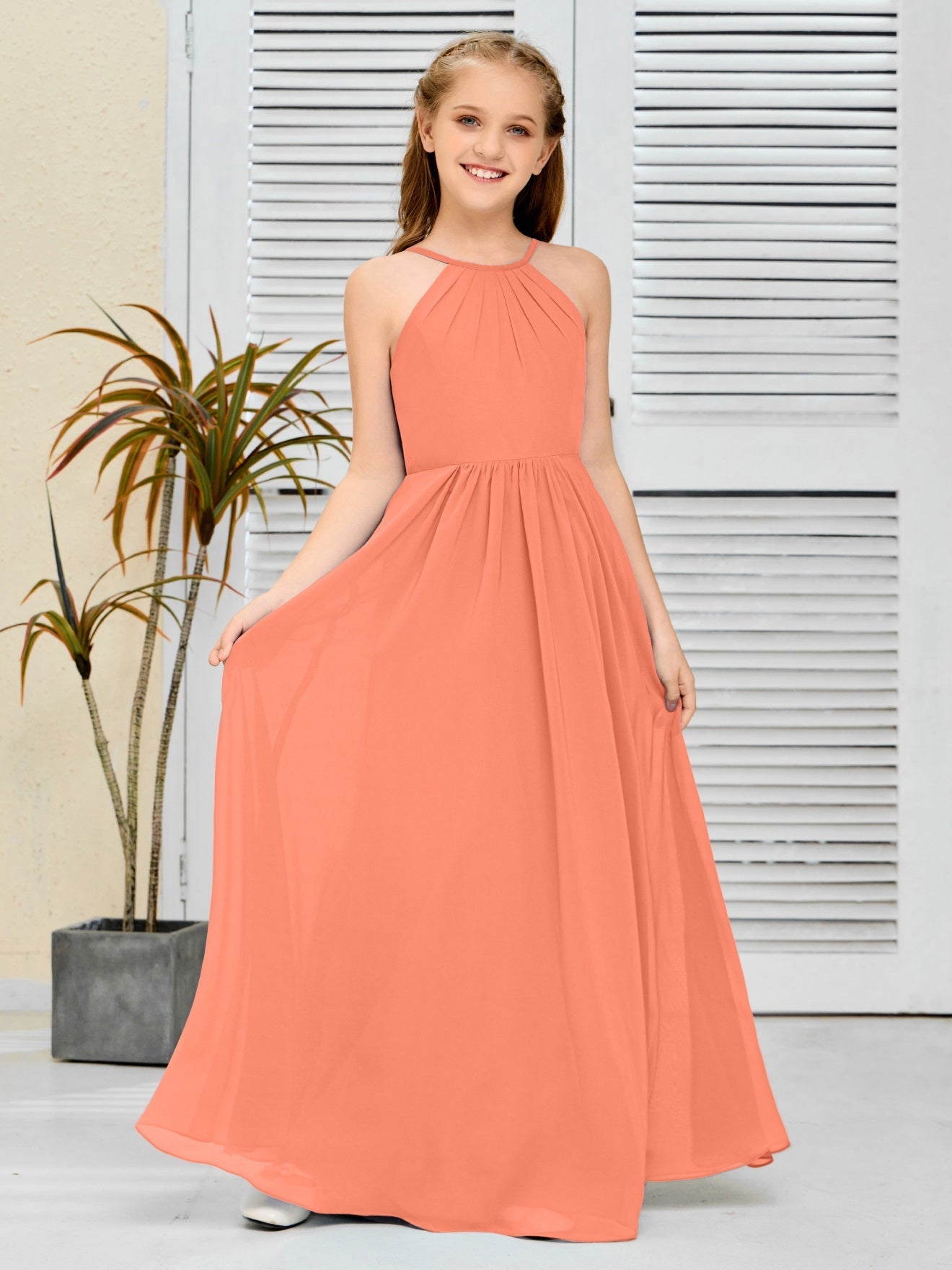 Elegantes Chiffon Junior-Brautjungfernkleid mit hängendem Ausschnitt