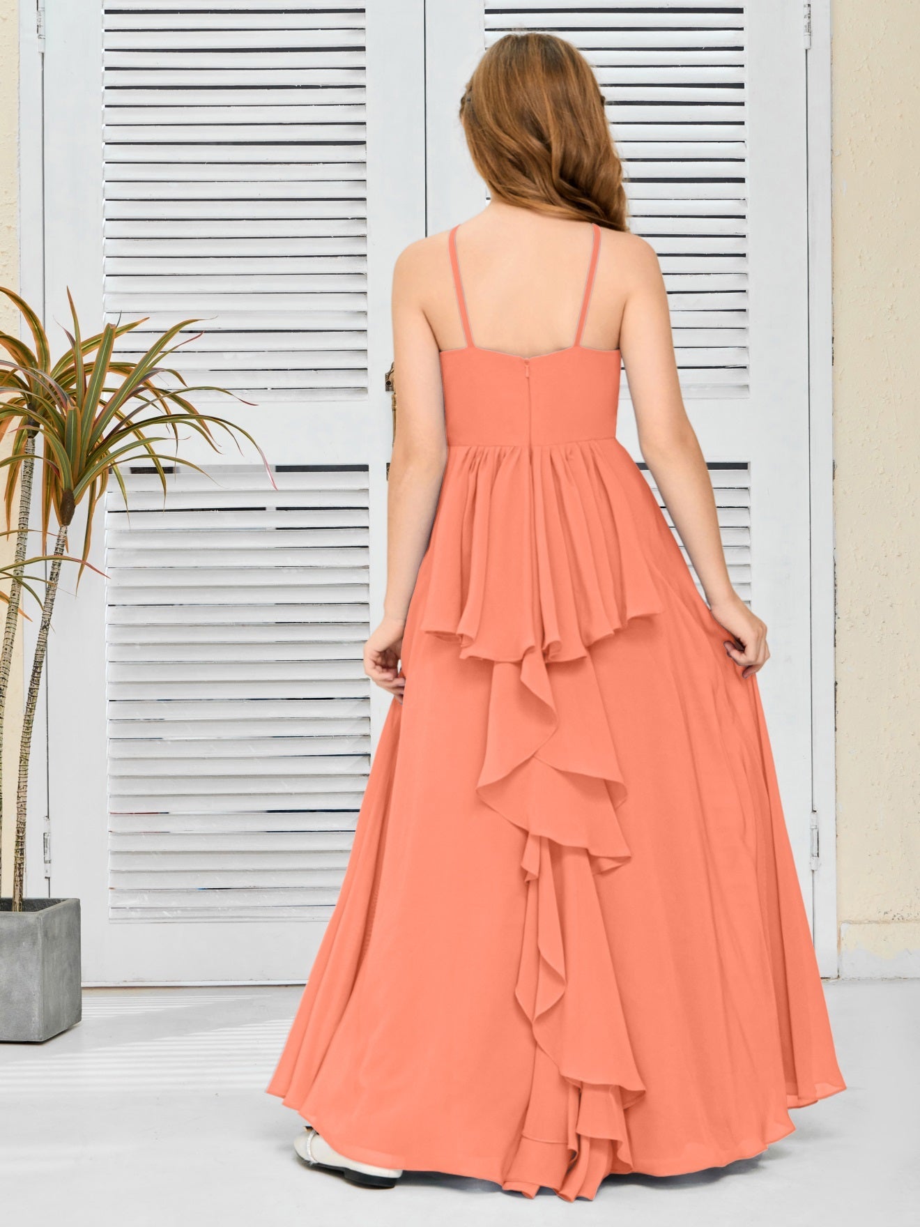 Elegantes Chiffon Junior-Brautjungfernkleid mit hängendem Ausschnitt