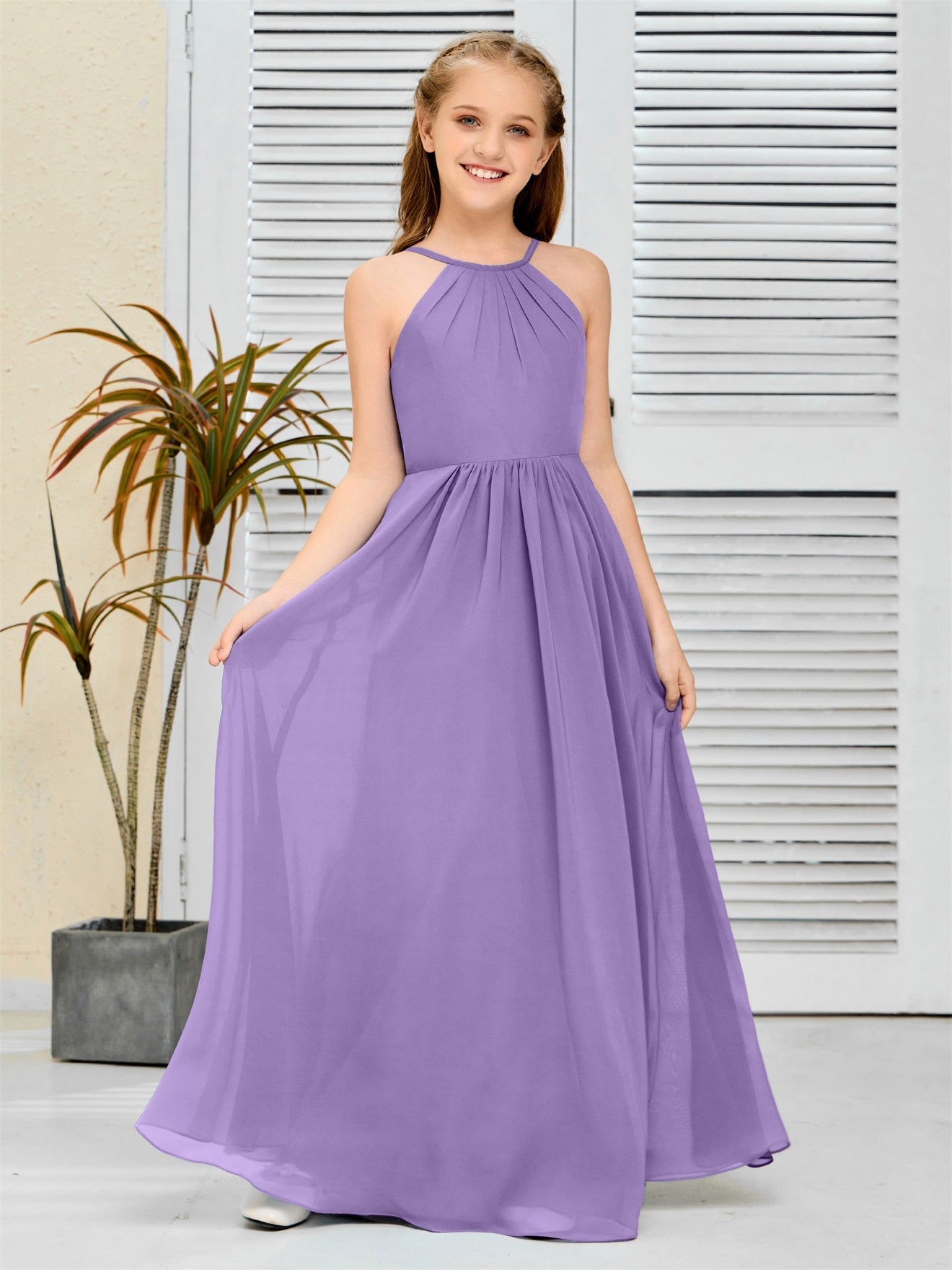 Elegantes Chiffon Junior-Brautjungfernkleid mit hängendem Ausschnitt