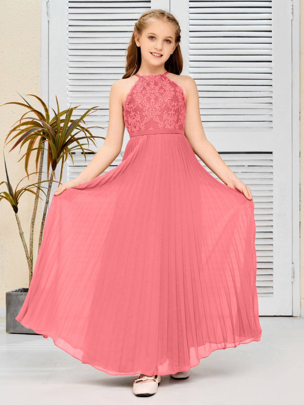 Halter A Linie Chiffon Spitze Junior Brautjungfer Kleid