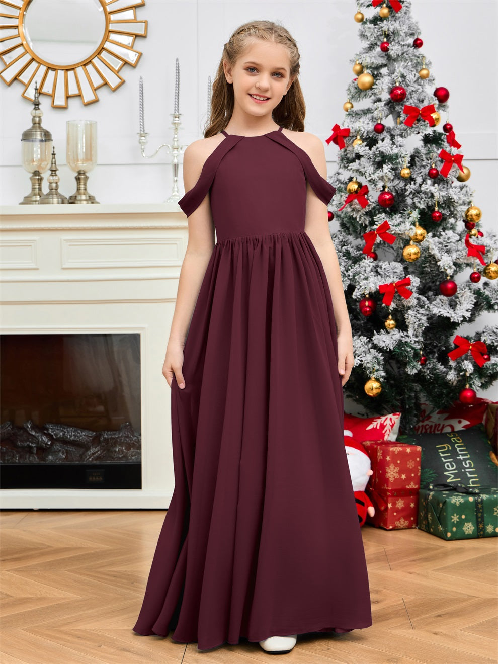 Elegantes schulterfreies langes Chiffon Junior Brautjungfernkleid