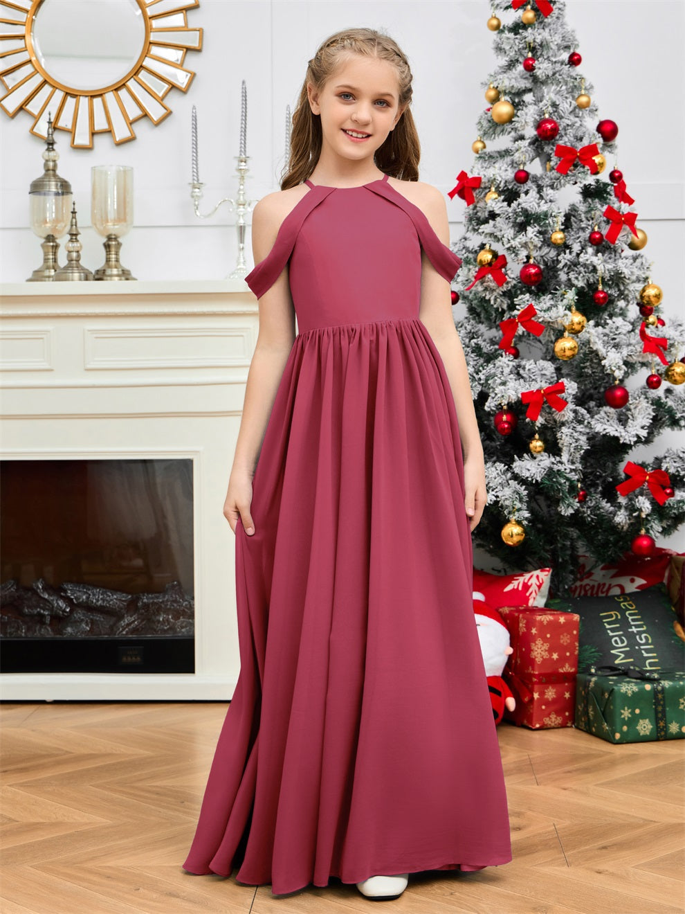 Elegantes schulterfreies langes Chiffon Junior Brautjungfernkleid