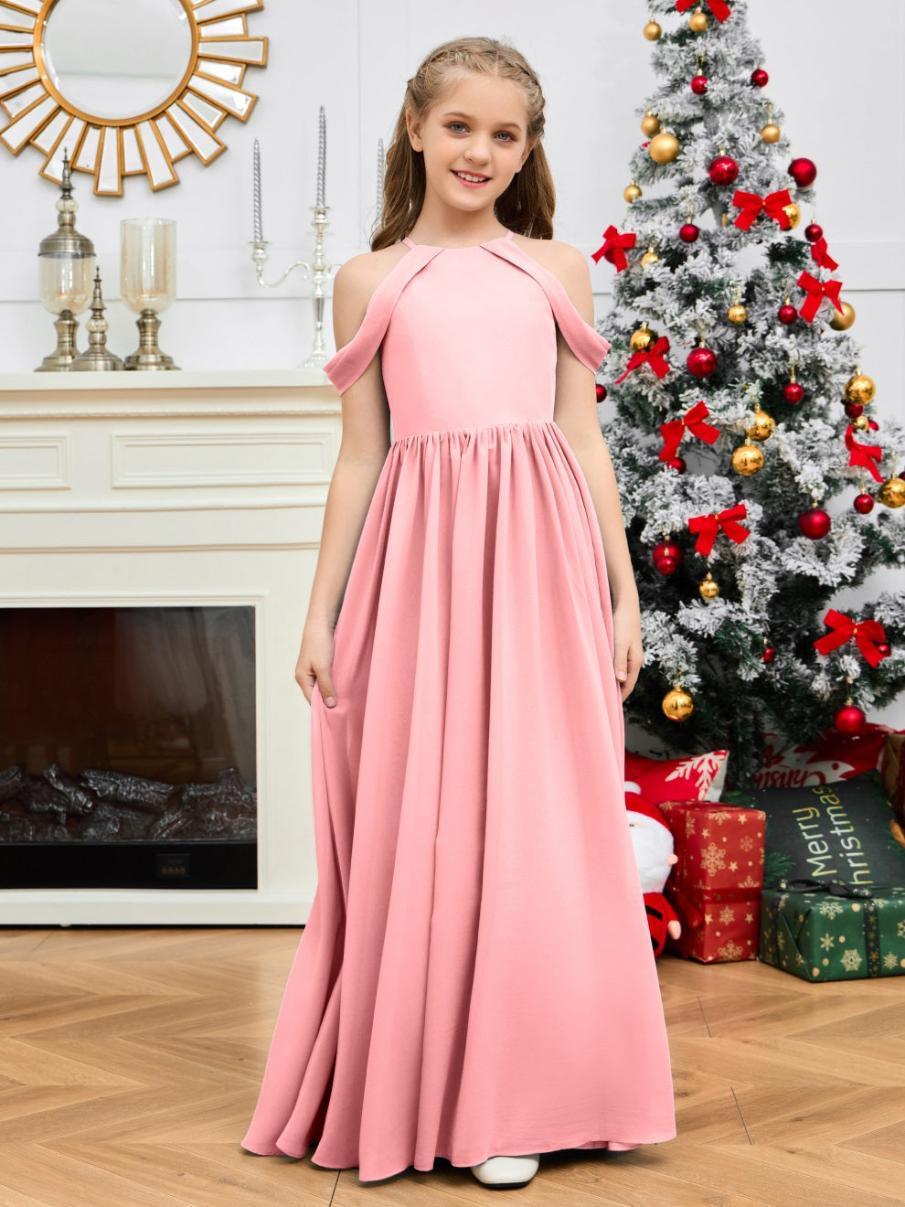 Elegantes schulterfreies langes Chiffon Junior Brautjungfernkleid