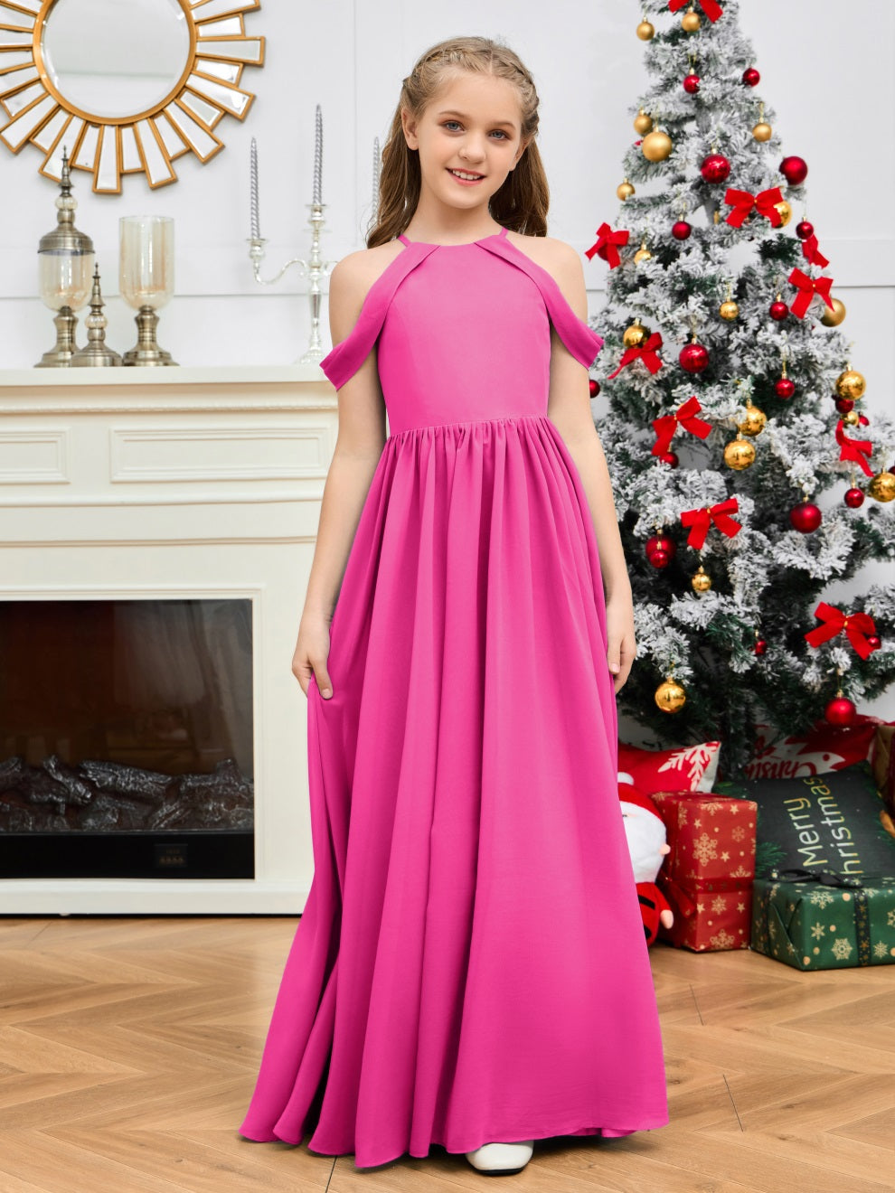 Elegantes schulterfreies langes Chiffon Junior Brautjungfernkleid