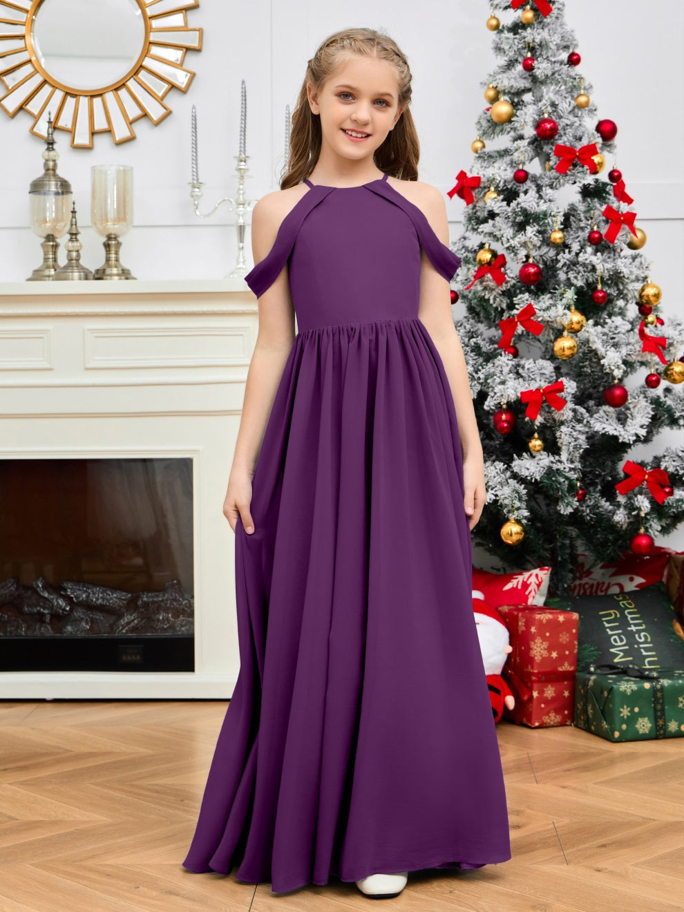 Elegantes schulterfreies langes Chiffon Junior Brautjungfernkleid