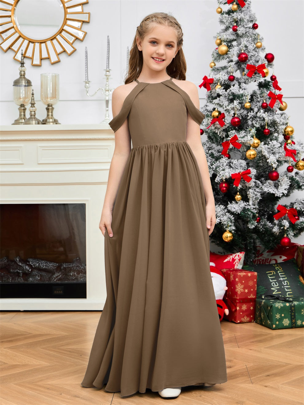 Elegantes schulterfreies langes Chiffon Junior Brautjungfernkleid