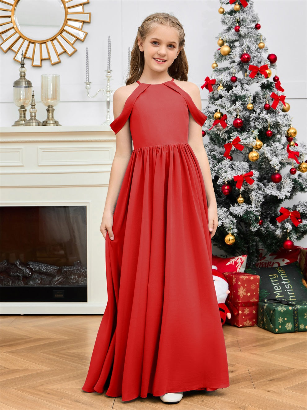 Elegantes schulterfreies langes Chiffon Junior Brautjungfernkleid