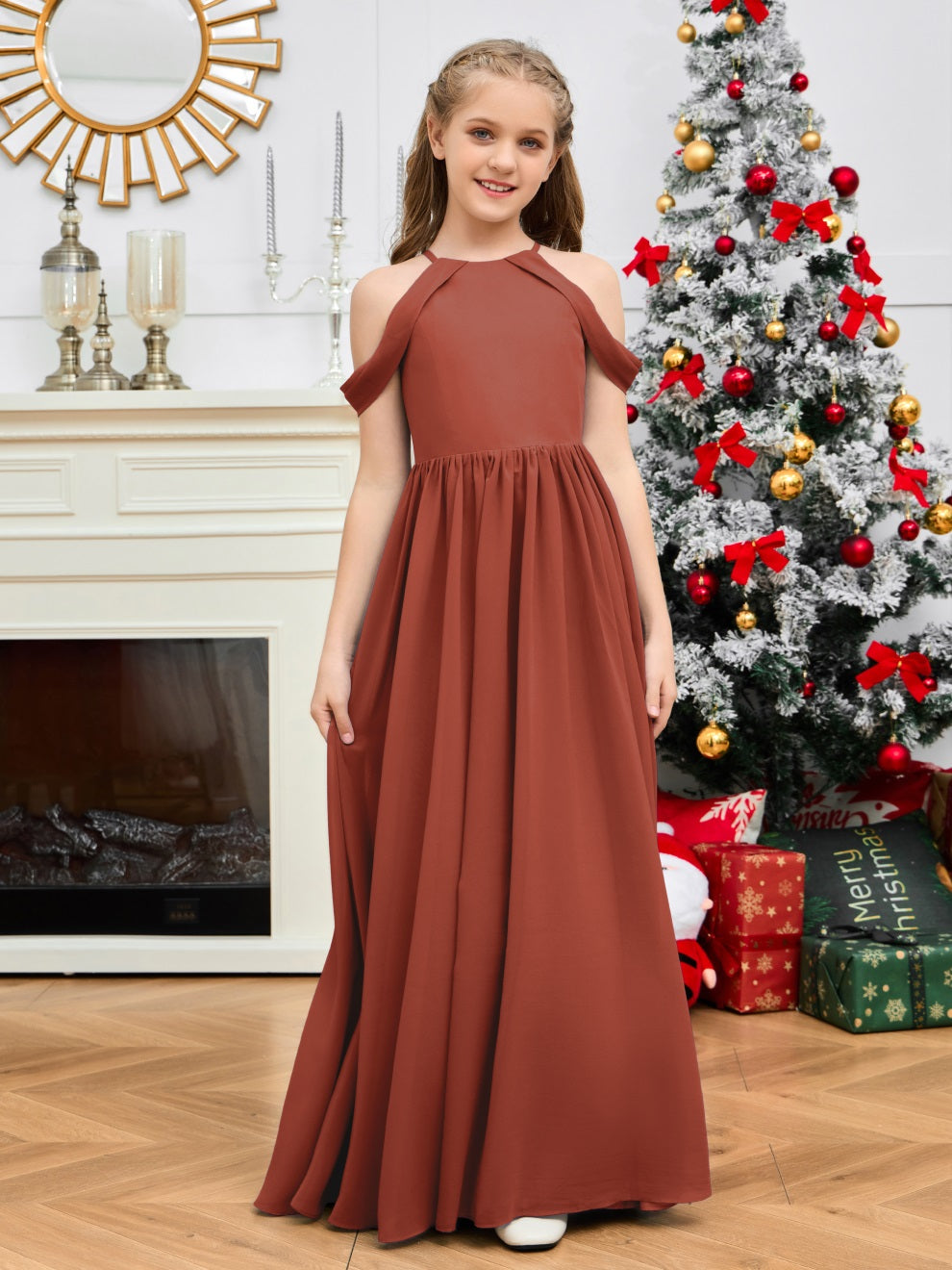 Elegantes schulterfreies langes Chiffon Junior Brautjungfernkleid