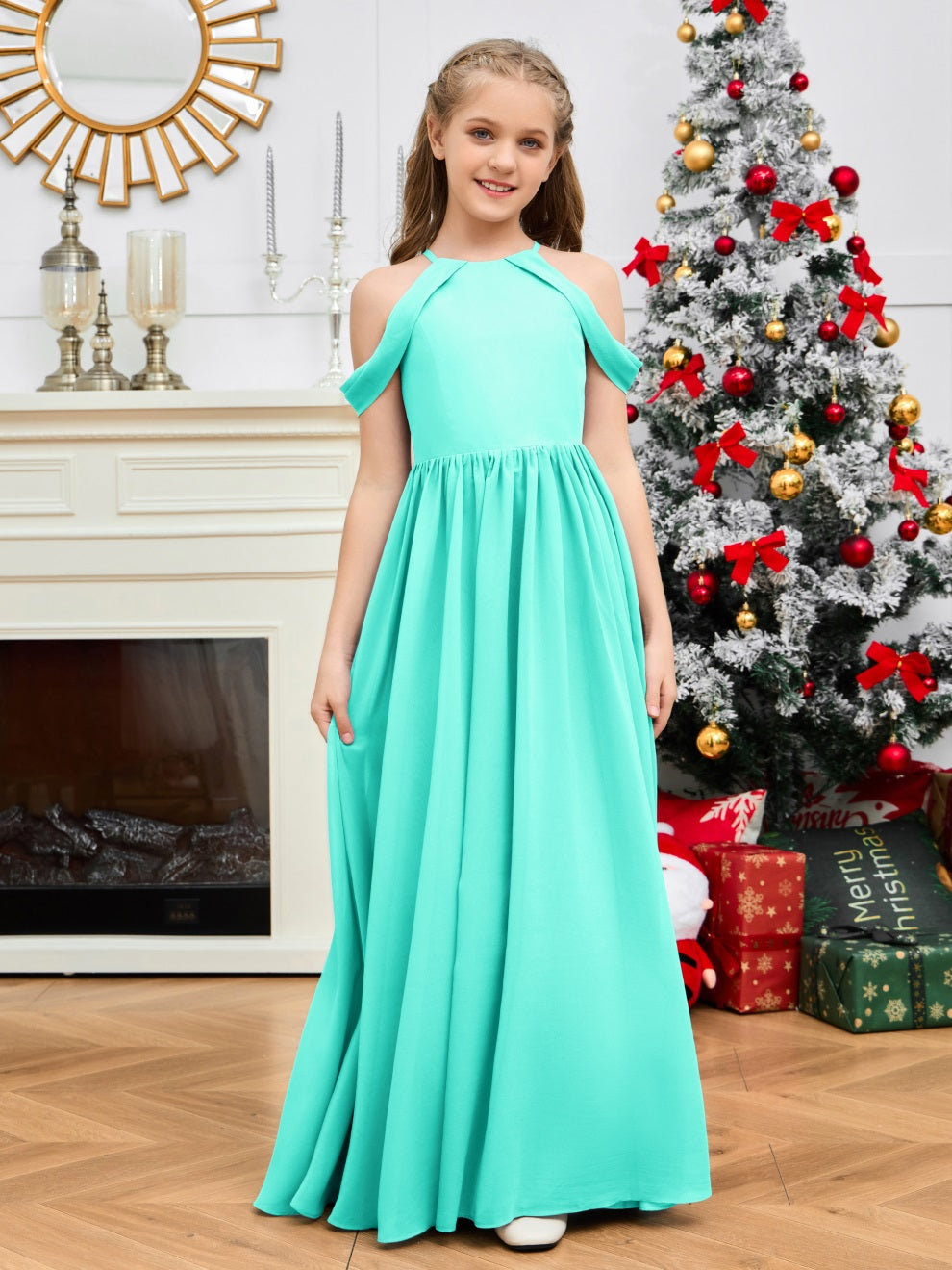 Elegantes schulterfreies langes Chiffon Junior Brautjungfernkleid