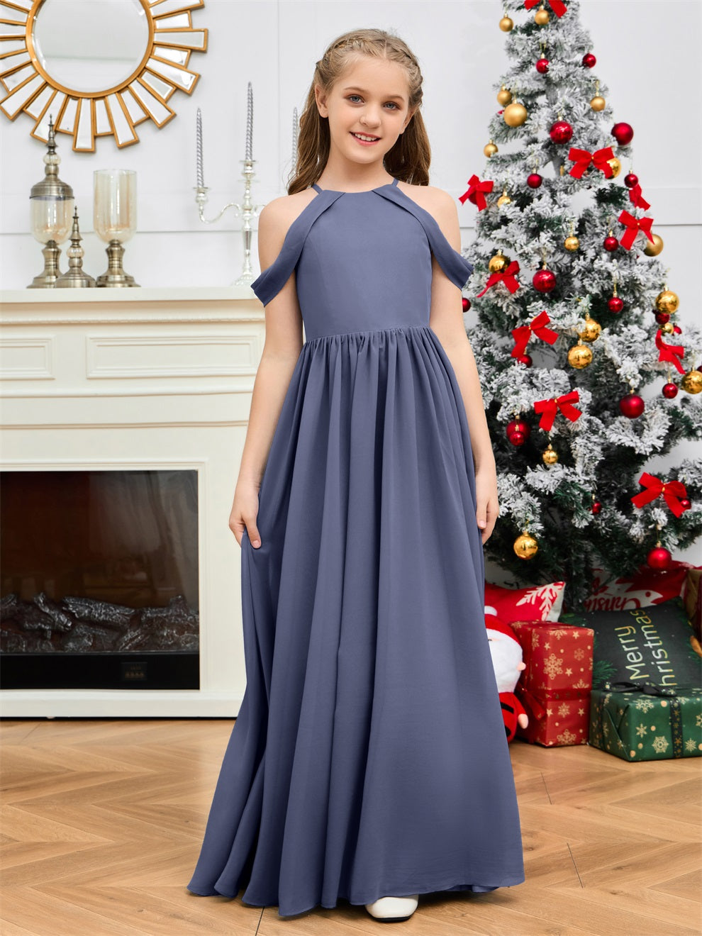 Elegantes schulterfreies langes Chiffon Junior Brautjungfernkleid