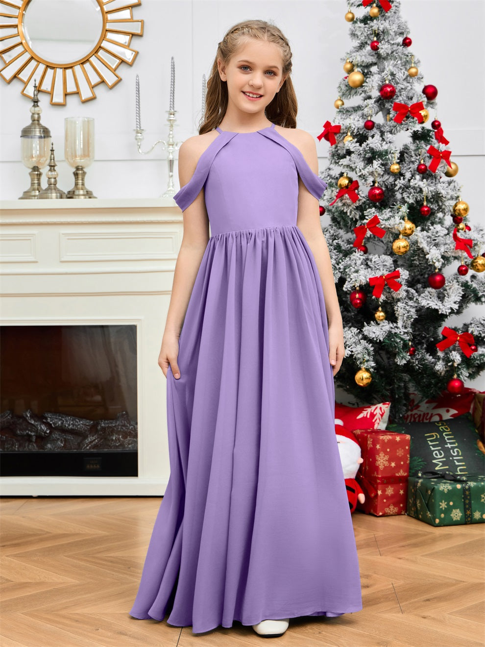 Elegantes schulterfreies langes Chiffon Junior Brautjungfernkleid