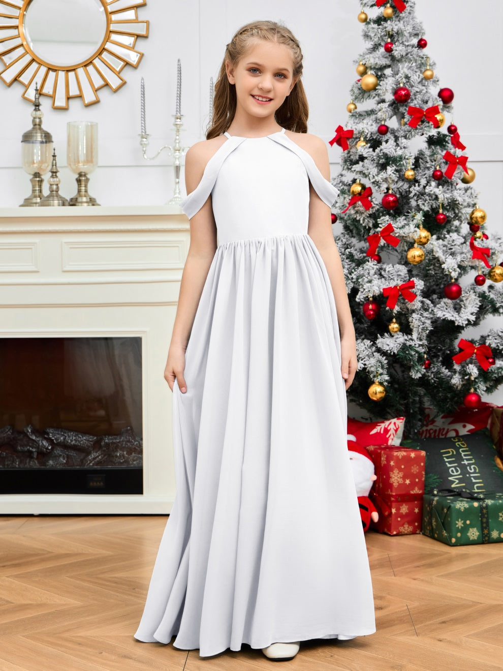 Elegantes schulterfreies langes Chiffon Junior Brautjungfernkleid