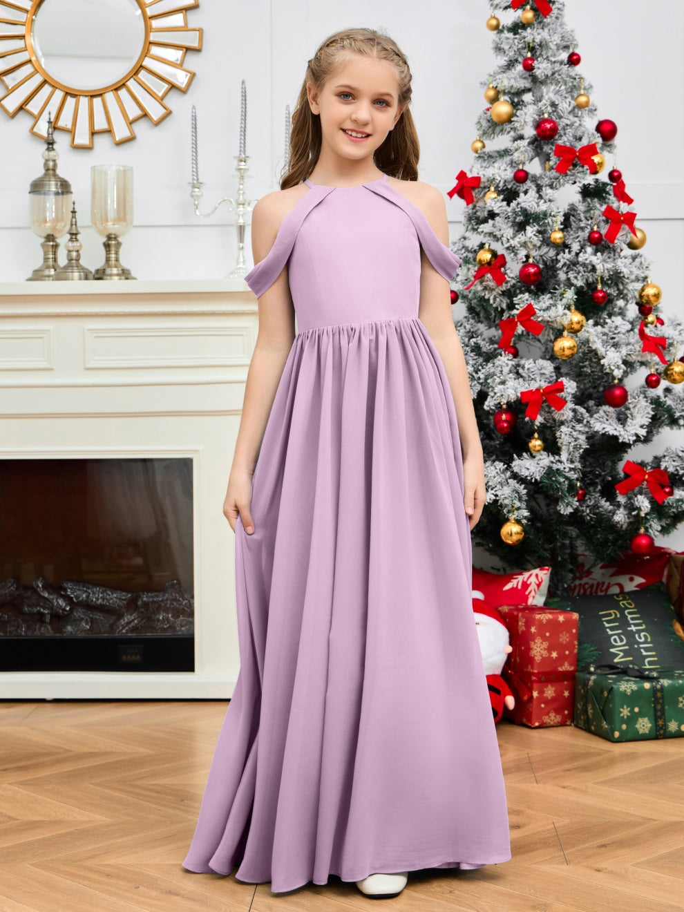 Elegantes schulterfreies langes Chiffon Junior Brautjungfernkleid