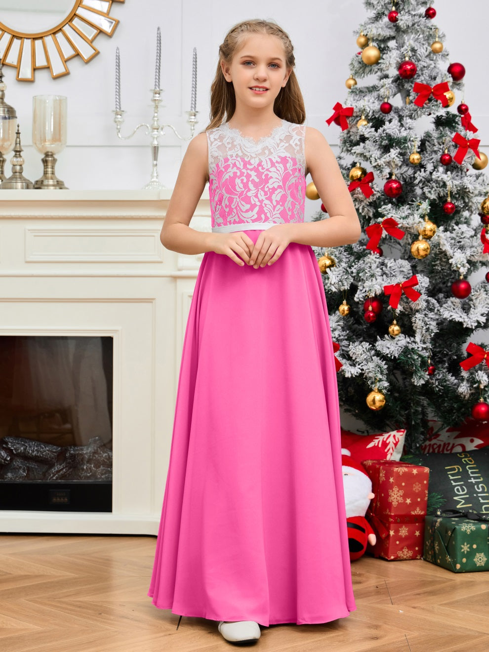 A Line V Rücken Chiffon Spitze Junior Brautjungfer Kleid