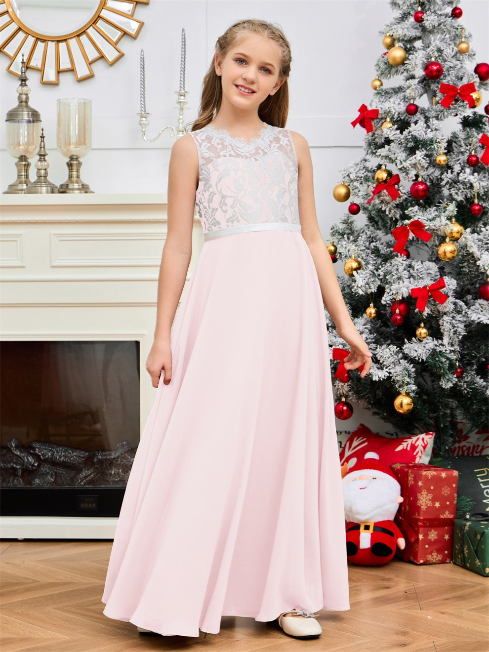 A Line V Rücken Chiffon Spitze Junior Brautjungfer Kleid